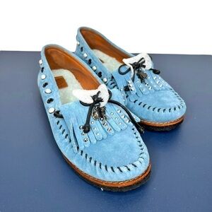 Coach Blue Chambray Roccasin Slip On Western Fringe Charm Sherpa Lined Mule 11